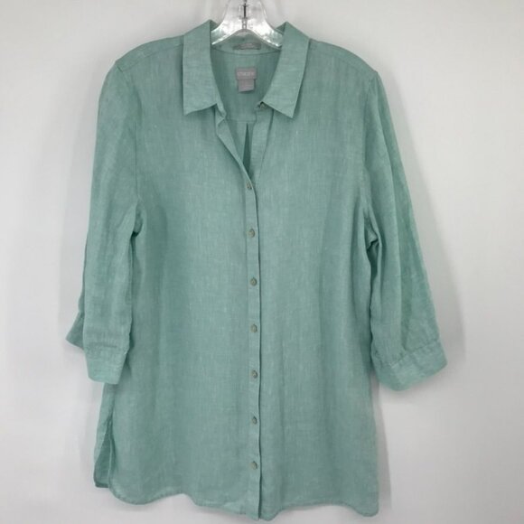 Chicos 2 Womens NoIron fresh chic Tunic Shirt Size large Linen Green 3 /4 Sleeve - Picture 2 of 13
